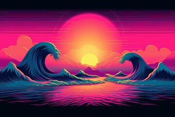 Retrowave or Synthwave Landscape with Sunset, 80's retro synthwave color design. Ocean wave, generative ai. Pixel Art Style 
