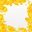 © Begin Again - Bitcoin coins falling. Cryptocurrency scattered