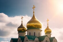 Russian Christian Orthodox Church With Domes And A Cross Against The Sky. Russian Orthodoxy And Christian Faith Concept. Generative AI.