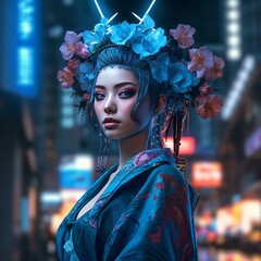 japanese woman with blue hair and flower headdress in the night, fictional person created with generative ai
