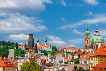 Wall Mural - Mala Strana old district skyline with St Nicholas Church baroque dome, Strahov Monastery twin belfries and Bridge Tower in Prague