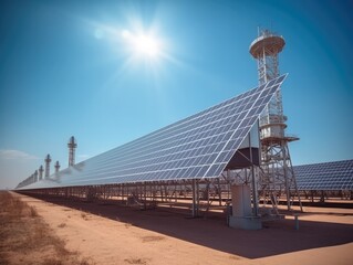 Wall Mural - solar energy panels in solar power station with blue sky and sun