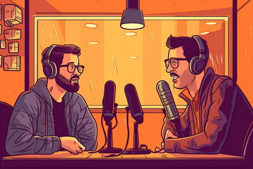 Wall Mural - Illustration of two men talking on live streaming. Concept of the podcast in the studio. People in headphones on, interview, broadcast, recording audio, online show