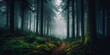 Leinwandbild Motiv Misty landscape with fir forest in vintage retro style. Generative AI