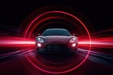 Fototapeta Perspektywa 3d - Sports Car Racing through Light Tunnel on Black Led Background - Dynamic Red