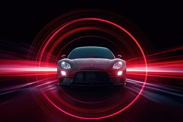 Sports Car Racing through Light Tunnel on Black Led Background - Dynamic Red