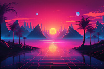 Sticker - sunset in the sea,Exaggerated illustration style of blue and purple tones