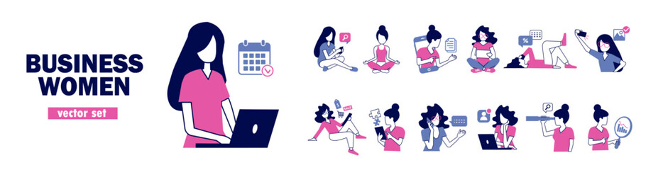 Wall Mural - vector set of business women working online using modern technology and social media platforms