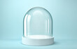 Empty glass dome on white podium isolated on blue background. Clipping path included