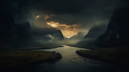 dark tones landscape river, 4 sides of the world, beautiful nature, dusk, sunset