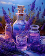 Watercolor lavender field and bottles of essential oil.