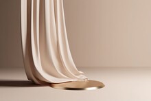 3D Background. Beige Podium, Display Mockup. Silk Cloth In Motion. Gold Arch Frame For Beauty, Product, Cosmetic Presentation. Feminine Scene With Pedestal. 3d Render. Generative AI.