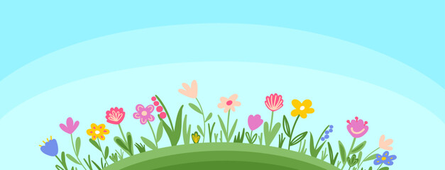summer blue background with green grass and wildflowers. place for text. flat banner