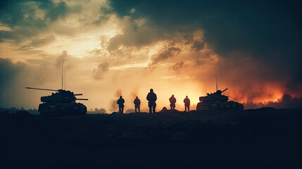 War Concept. Military silhouettes fighting scene on war fog sky background, World War Soldiers Silhouettes Below Cloudy Skyline at sunset. Attack scene. Armored vehicles. tank in action