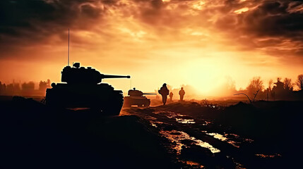 War Concept. Military silhouettes fighting scene on war fog sky background, World War Soldiers Silhouettes Below Cloudy Skyline at sunset. Attack scene. Armored vehicles. tank in action