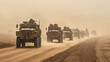 A group of military vehicles drive down a dusty road