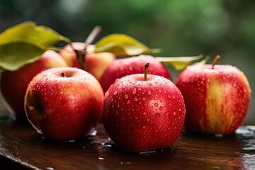 Wall Mural - Red apples on wooden table,copyspace,outdoors,generative AI