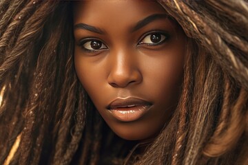 Black skin woman model with long braided hair. African Ethnic female face with interesting hairdo. Extreme close up beauty portrait of beautiful young african woman, created with generative ai