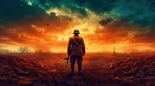 Soldier Standing Alone After The War In Battlefield