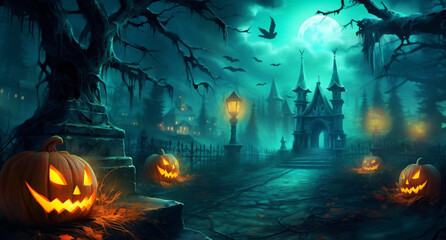 Wall Mural - cemetery horror dark pumpkin holiday halloween bat grave moon night. Generative AI.