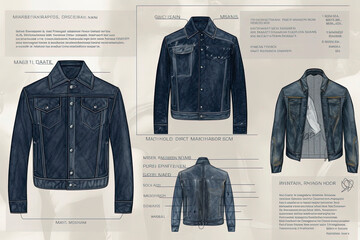 Wall Mural - Generative AI illustration of technical data sheet for denim pants and jackets