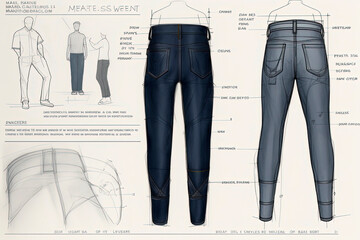 Wall Mural - Generative AI illustration of technical data sheet for denim pants and jackets