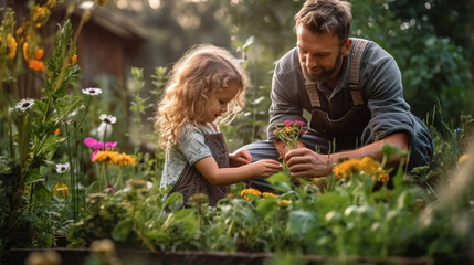 Mutter/Vater und kleine/s Tochter/Sohn gärtnern zusammen, verbinden sich beim Pflanzen von Blumen und Gemüse, fördern das Wachstum und kultivieren die Liebe zur Natur Generative AI