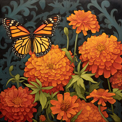 Wall Mural - orange marigolds and butterfly. Generative AI image.