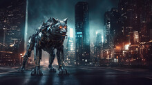 Metal Robot Wolf In The Future City In The Night, Wallpaper 4K, Generative AI