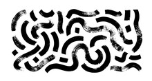 Black Paint Curly Brush Strokes With Curved Dashes. Chaotic Squiggles With Decorative Texture. Vector Bold Brush Strokes, Wavy Thick Lines. Japanese Calligraphy Smears. Hand Drawn Curved Grunge Lines.