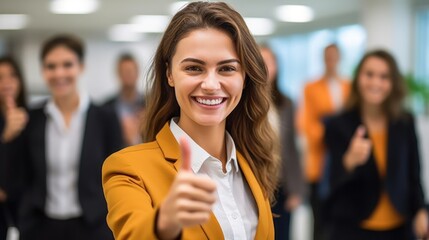 Smiling businesswoman showing thumbs up with colleagues. AI generative image.