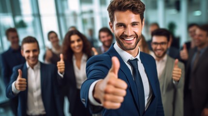 Businessman showing thumbs up sign in front of business team. AI generative image.