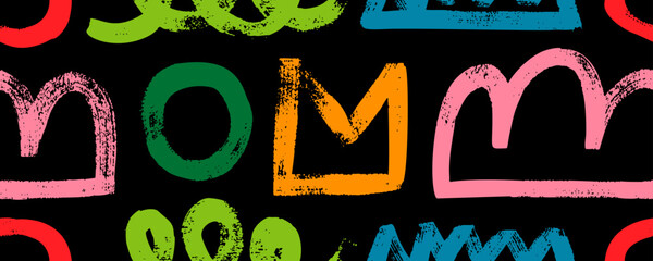 Multi colored brush drawn various geometric figures seamless pattern. Abstract doodle objects and shapes. Childish style colorful seamless pattern with different modern geometric elements.