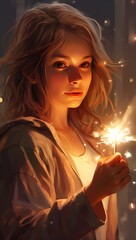 Beautiful blonde woman with sparkler in her hands, Portrait of a girl with a burning sparkler ai generated