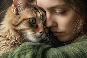 Close-up portrait of a beautiful young woman with a cat ai generative