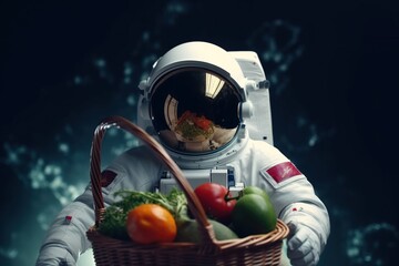 astronaut with grocery basket. delivery of future food. Online product selection. Electronic commerce. generative ai.