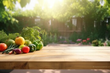 wooden table with vegetables on the background of the garden. Empty wooden table with free space over trees. For product display montage. generative ai.