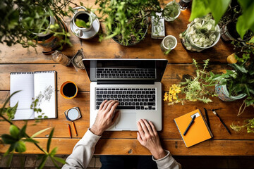 laptop and hands on the desktop, top view