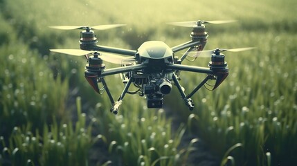 Poster - Flying drone above the wheat field, Generative AI