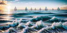 Sailing Boats On The Ocean At Sunset. Beautiful View From The Cave To The Sea And Sand Dunes. Panoramic View. Summer Vacation And Travel Concept. Generative AI Technology.