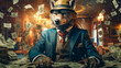 An anthropomorphic wolf in a suit counts banknotes