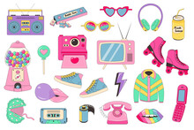 Retro 80s 90s Clipart Set. Cute Y2k Glamour Fashion Patches, Badges, Emblems, Stickers. Linear Color Vector Illustration.