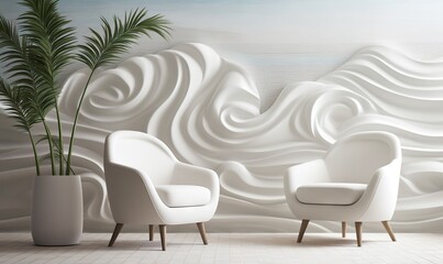 Sticker -  two white chairs and a plant in a room with a large white wall and a large white wave design on the wall behind them, and a white tiled floor.  generative ai