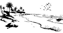 Sandy Beach With Palm Trees And Rocks With Flying Birds In Sky Abstract Drawing Black And White Outline Ink Drawing Nature Sea View Scene 