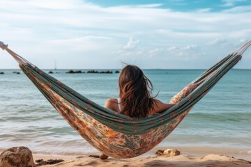Poster - Back shot of a asian woman chill in hammock on summer with beach sunset background.