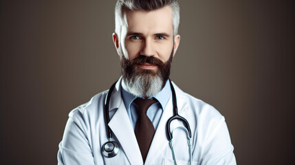 Wall Mural - Portrait of a male doctor in uniform and stethoscope on blurred background