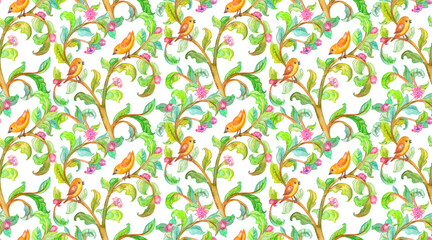 Wall Mural - vintage seamless texture with birds sitting on decor branches with fancy leaves and flowers. ornamental flora and cute animals. watercolor painting