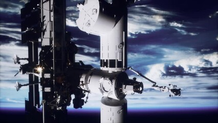 Wall Mural - spectacular panorama of the sun-kissed space station seen from a space probe revolving around the planet. Elements of this image furnished by NASA