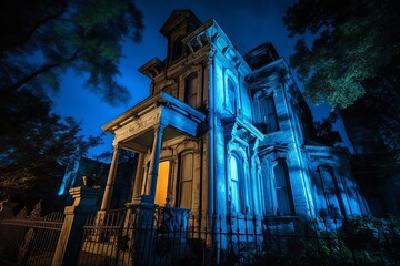 Haunted house with Halloween decorations, bathed in moonlight casting ominous shadows.
