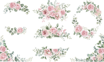 watercolor floral illustration. pink flowers and eucalyptus greenery bouquet. dusty roses, soft ligh